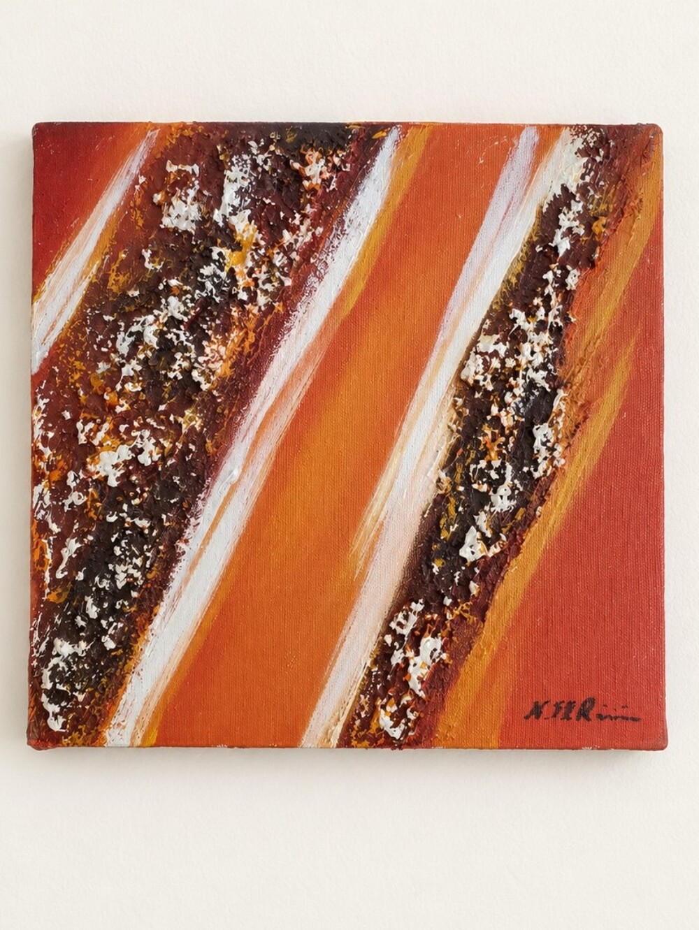 ORIGINAL PAINTING Orange Lava Textured Abstract Signed MCM Style 10" Vintage